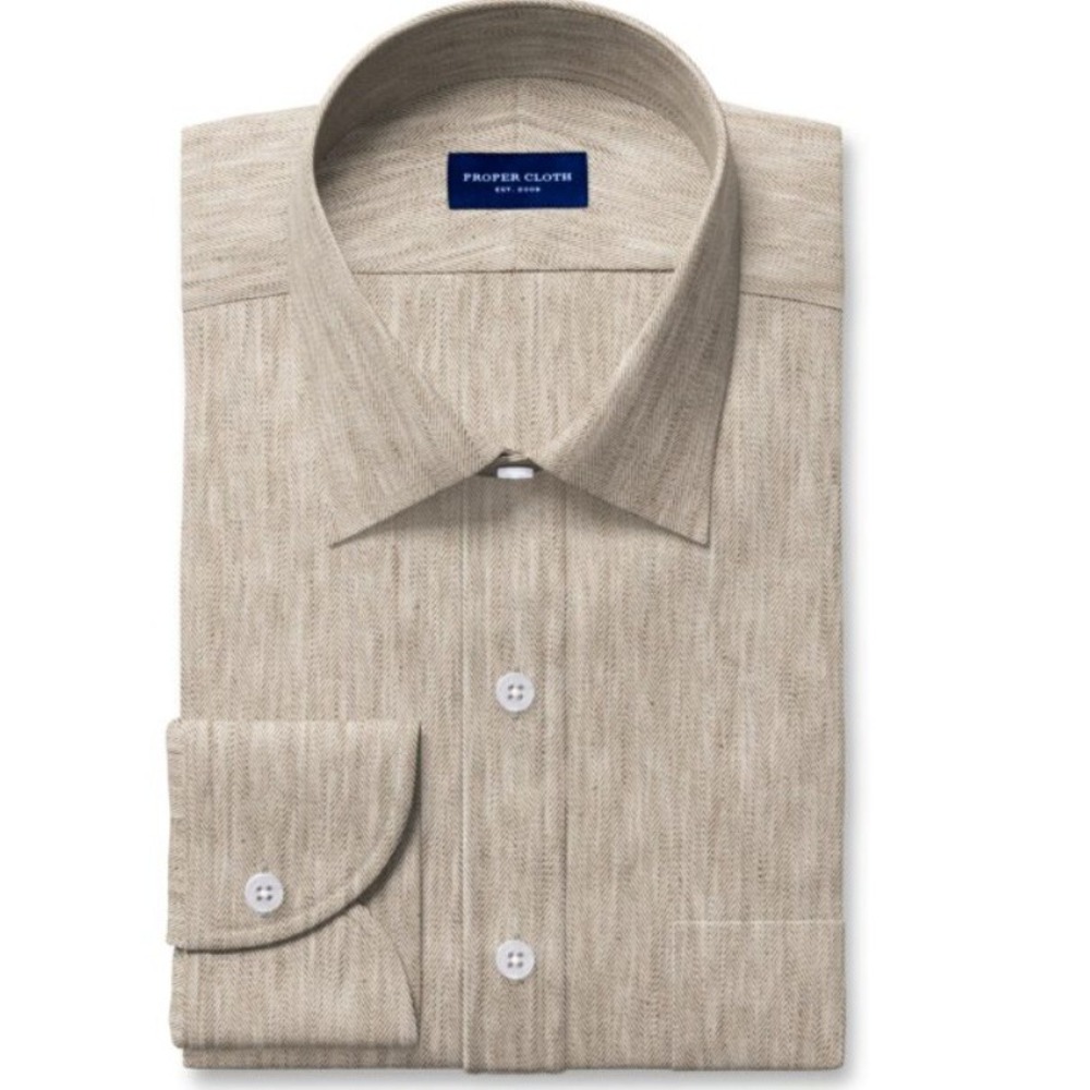 Proper Cloth Albini Mocha Linen Tencel Herringbone Shirt Mens 16.5 32 Untucked